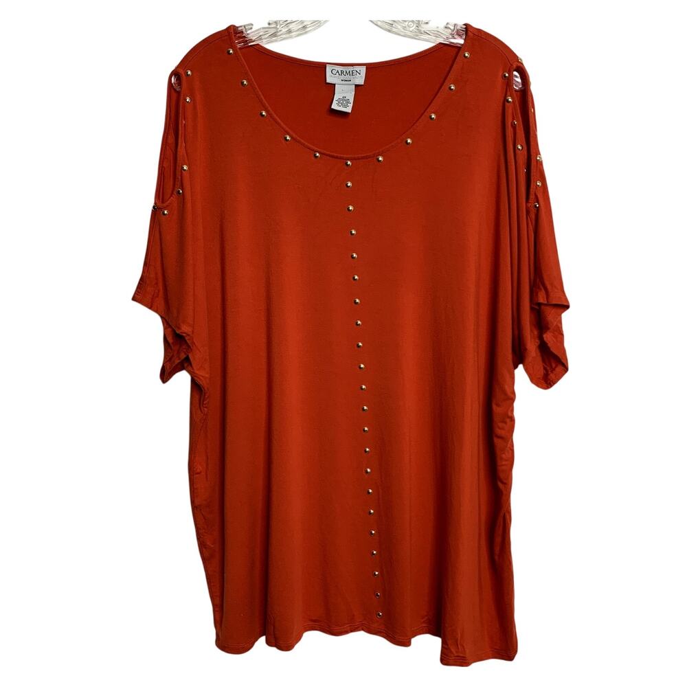 Carmen Woman 2X Peep Shoulder Metal Studded Short Sleeve Tunic Burnt Orange Top